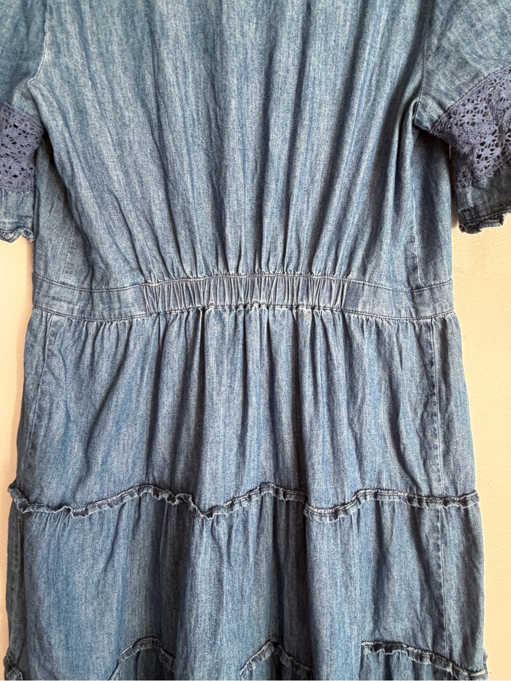 Gap LoveShackFancy Blue Denim Button-Front Tiered Midi Dress - Picture 4 of 4
